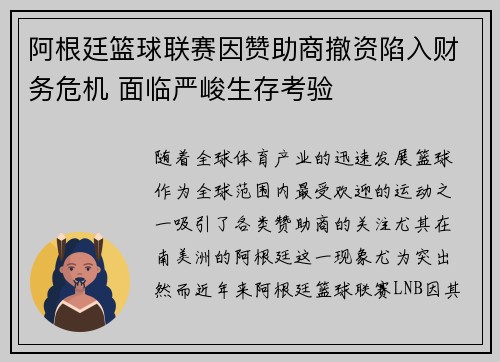 阿根廷篮球联赛因赞助商撤资陷入财务危机 面临严峻生存考验